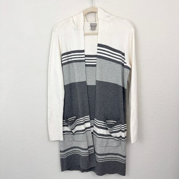 Chico's Womens Long Cardigan Hooded Sweater Size S Striped Neutral Cashmere Gray - Picture 1 of 6